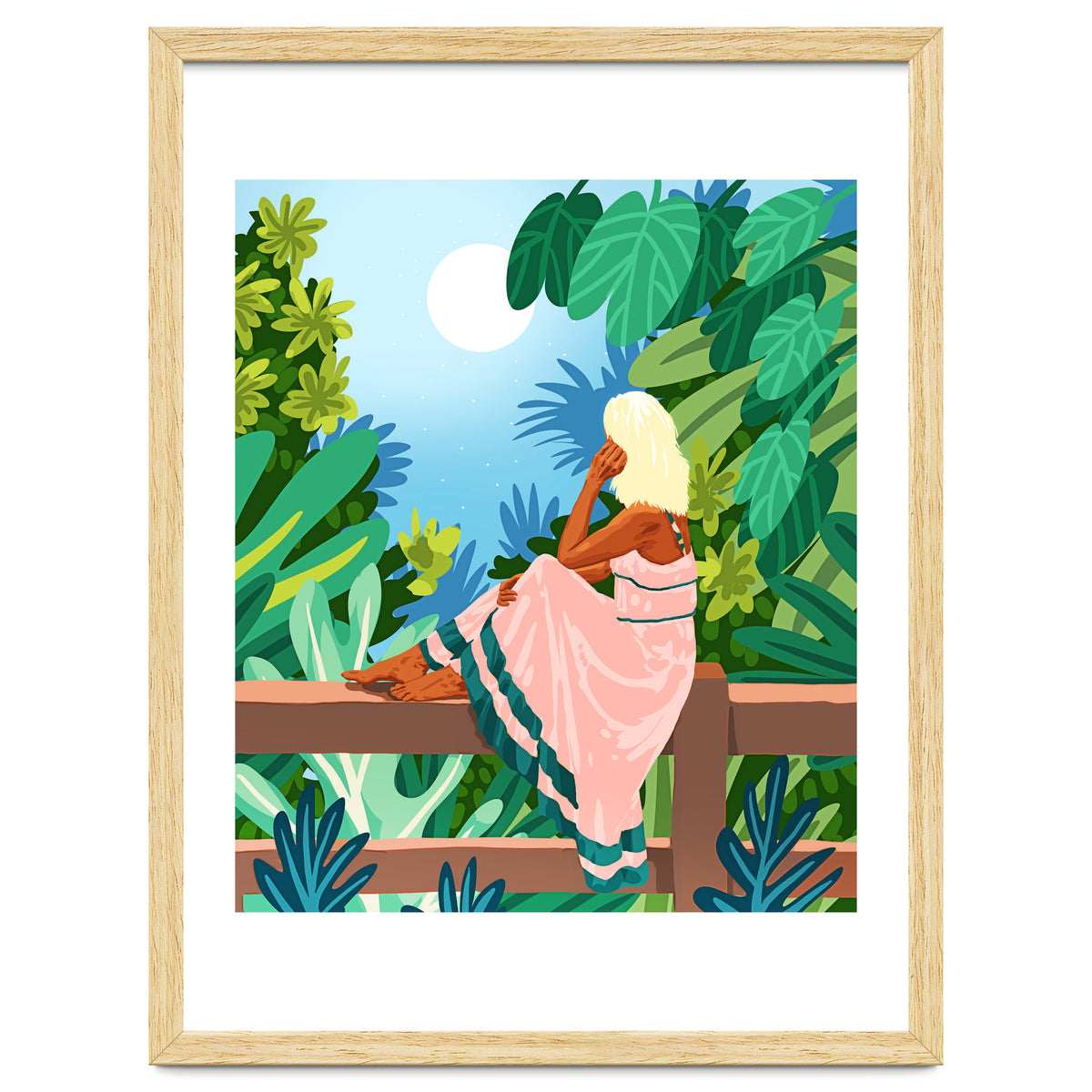 Forest Moon, Bohemian Woman Jungle Nature Tropical Colorful Travel Fashion Illustration