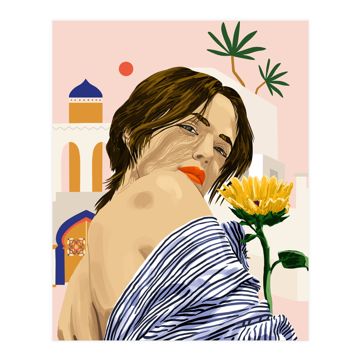 I Travel, I Become | Morocco Architecture Illustration, Bohemian Woman Tropical Sunflower Boho Palm  (Print Only)