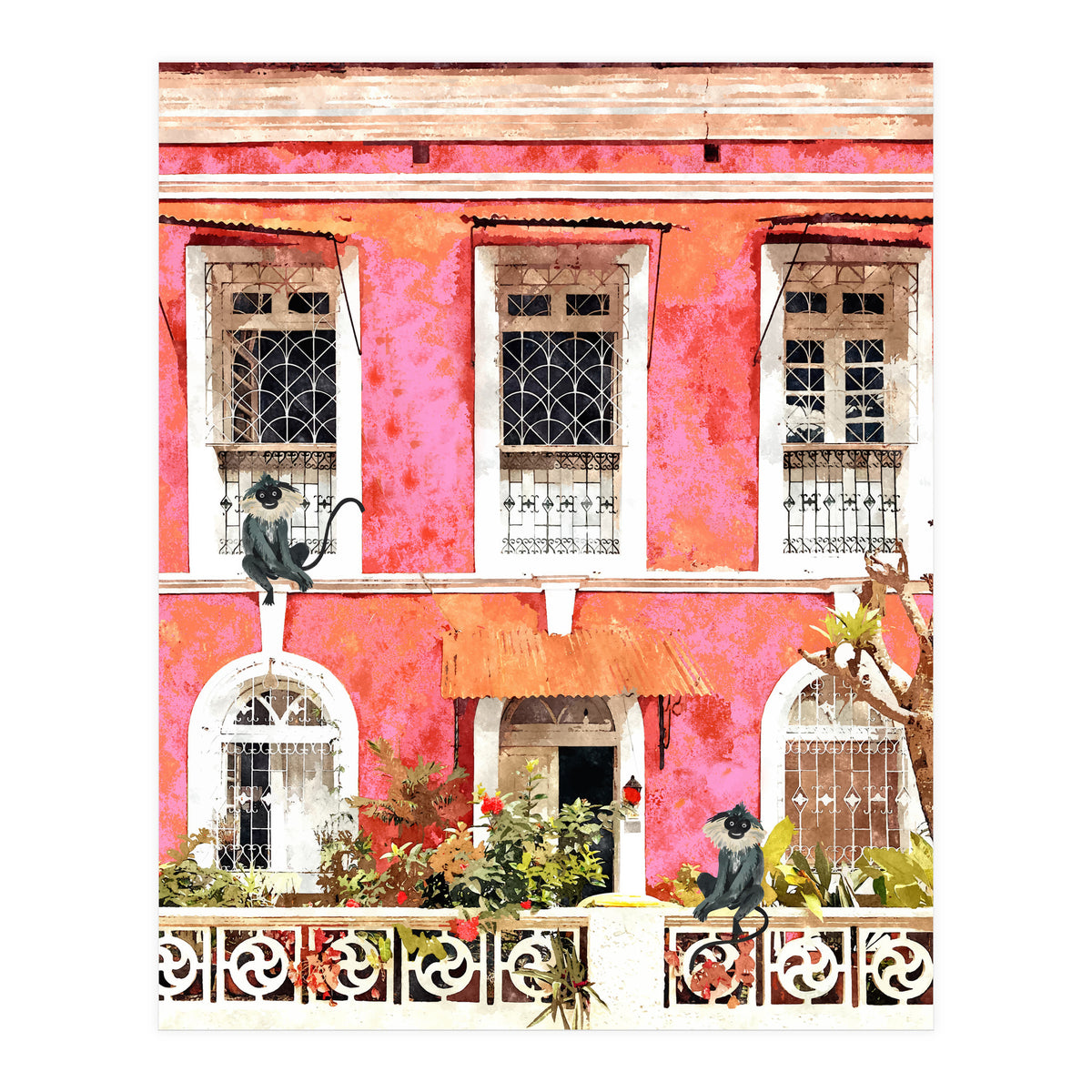 Monkey Business | Watercolor Tropical Goa Architecture Painting | Travel Pastel Pink Blush Building (Print Only)