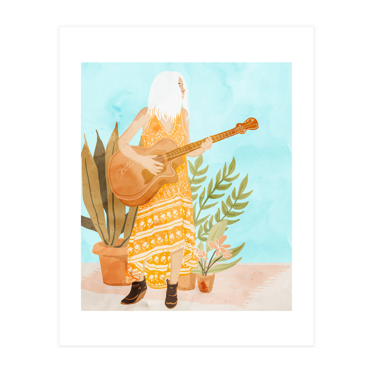 Music Soothes My Soul | Urban Hippie Bohemian Woman Playing the Guitar | Plant Lady Painting (Print Only)