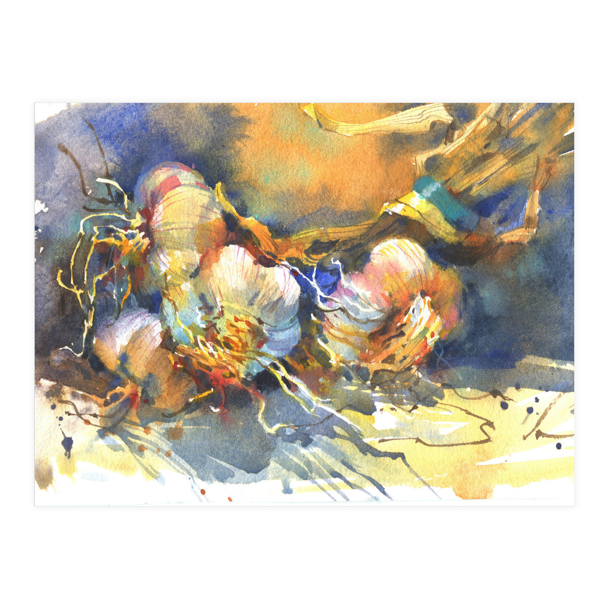 Garlic still life watercolor painting for kitchen  (Print Only)