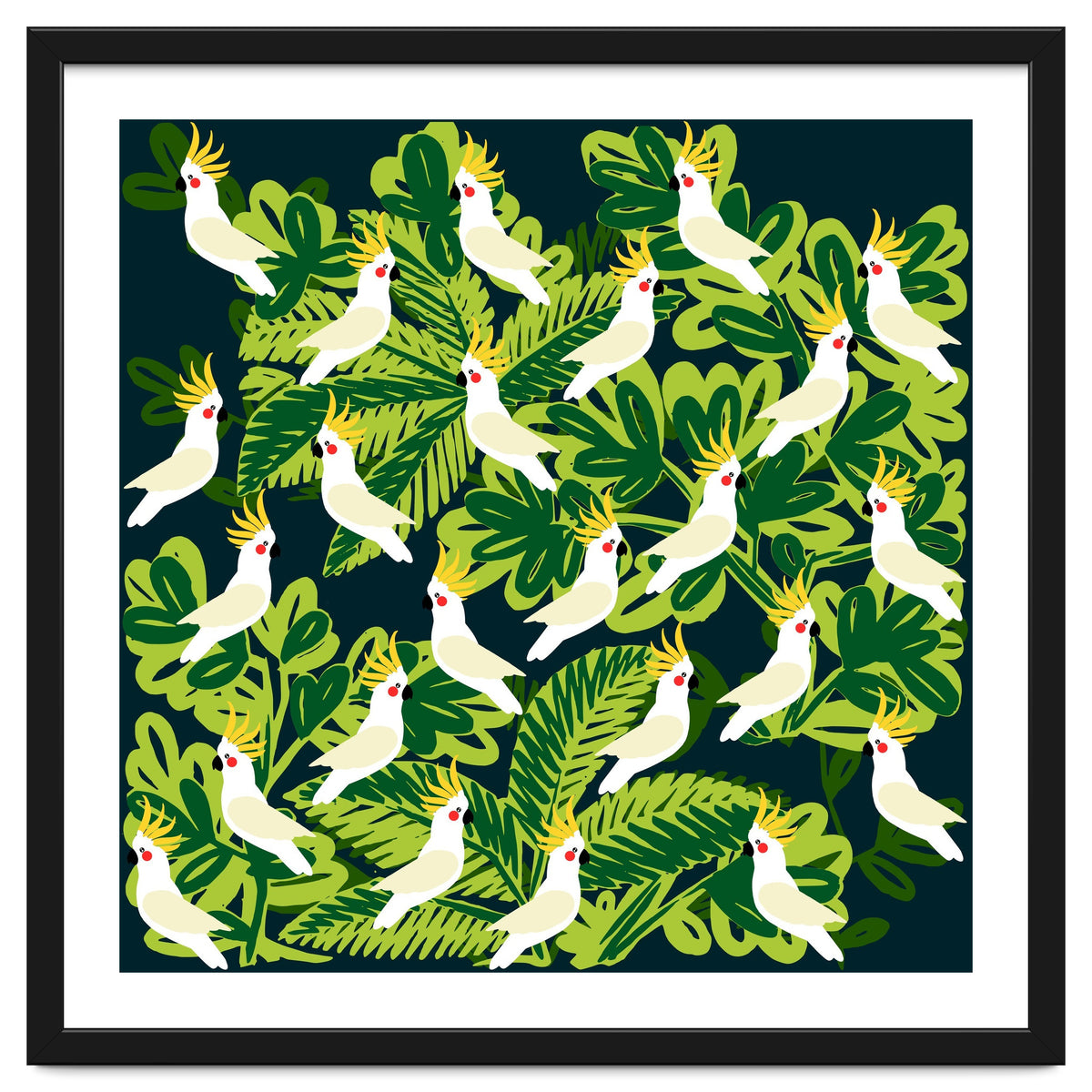 Cute cockatoo and tropical leaves