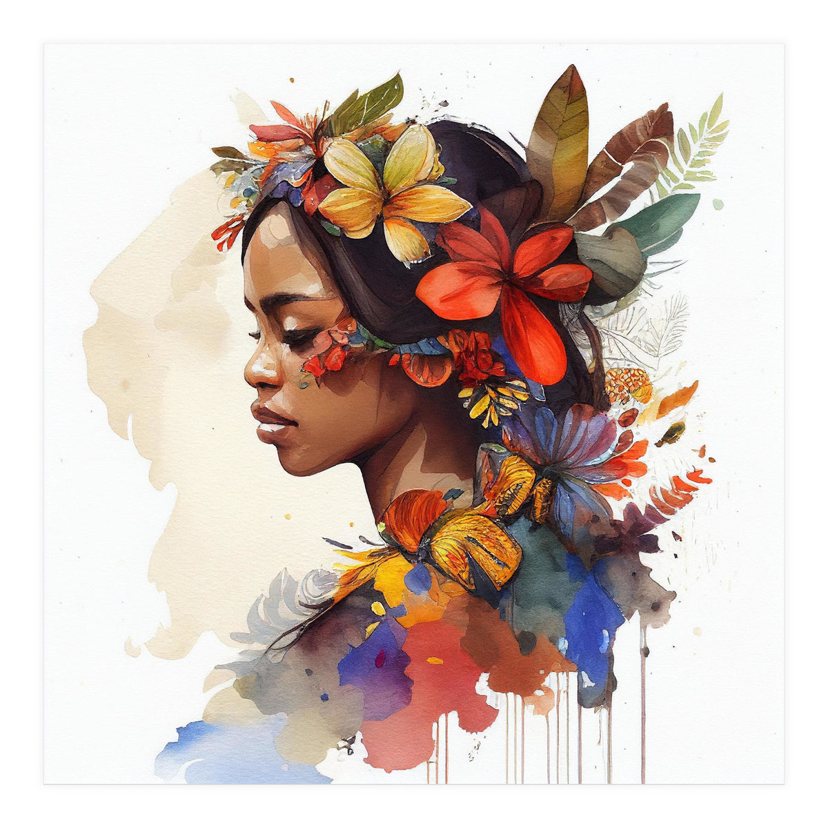 Watercolor Floral Indonesian Native Woman #4 (Print Only)