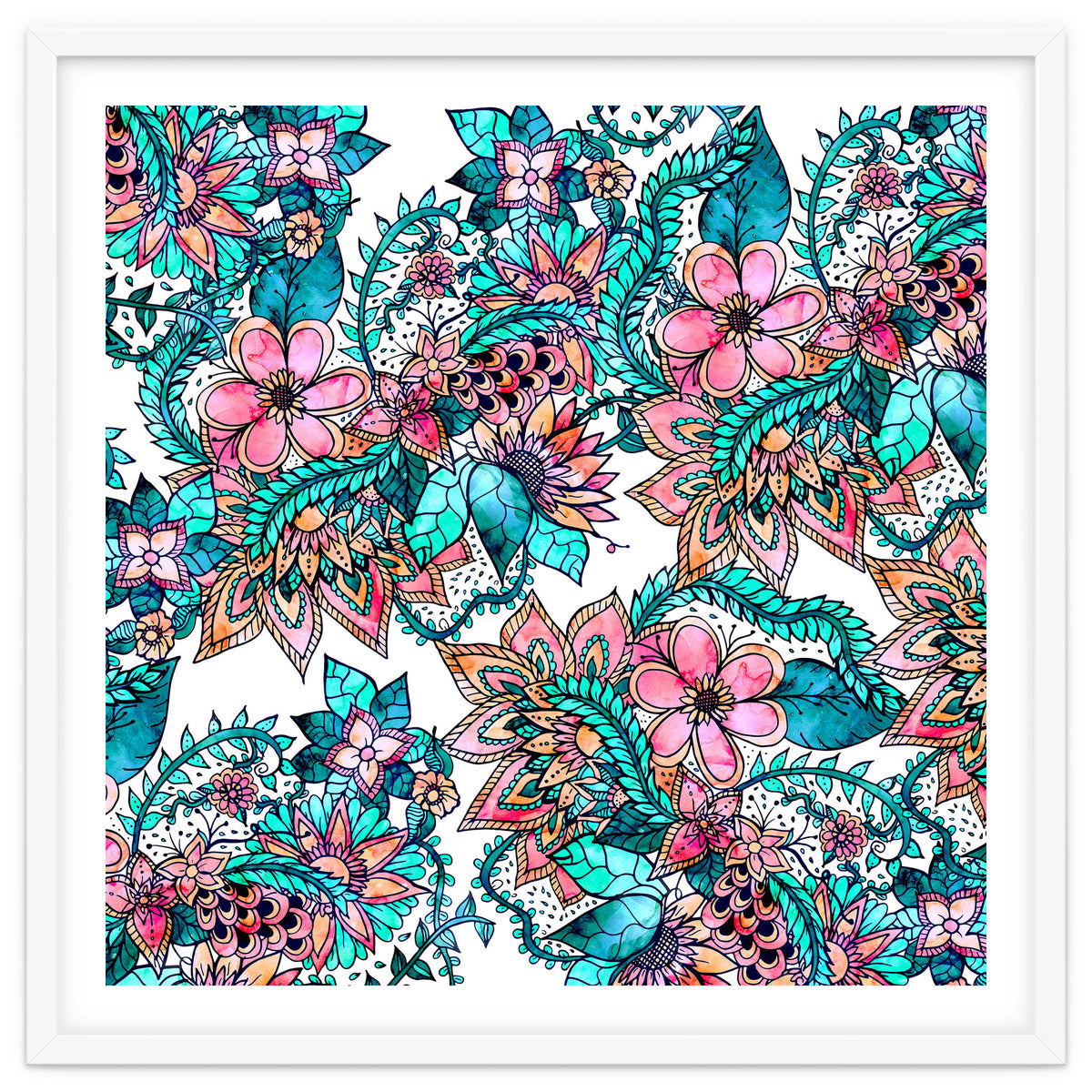 Boho turquoise pink floral watercolor illustration