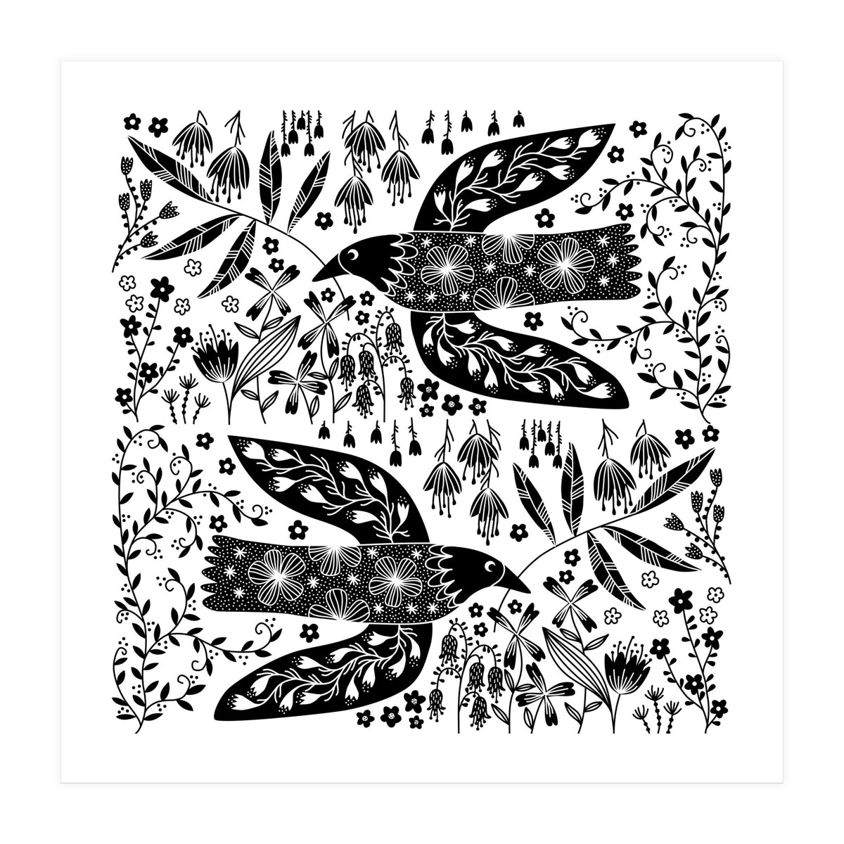 Doves And Flowers Black & White (Print Only)