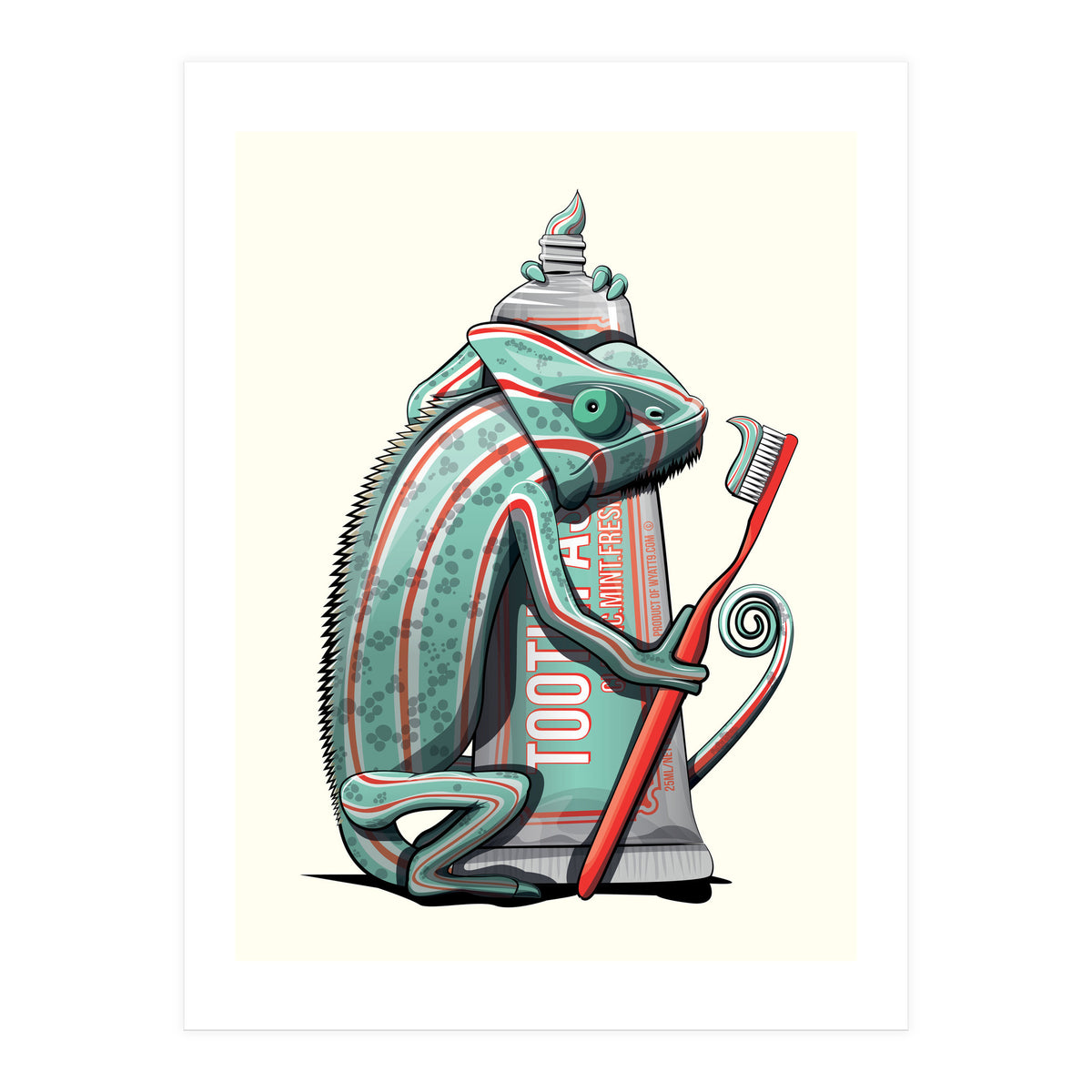 Chameleon Brushing Teeth, Funny Bathroom Humour (Print Only)