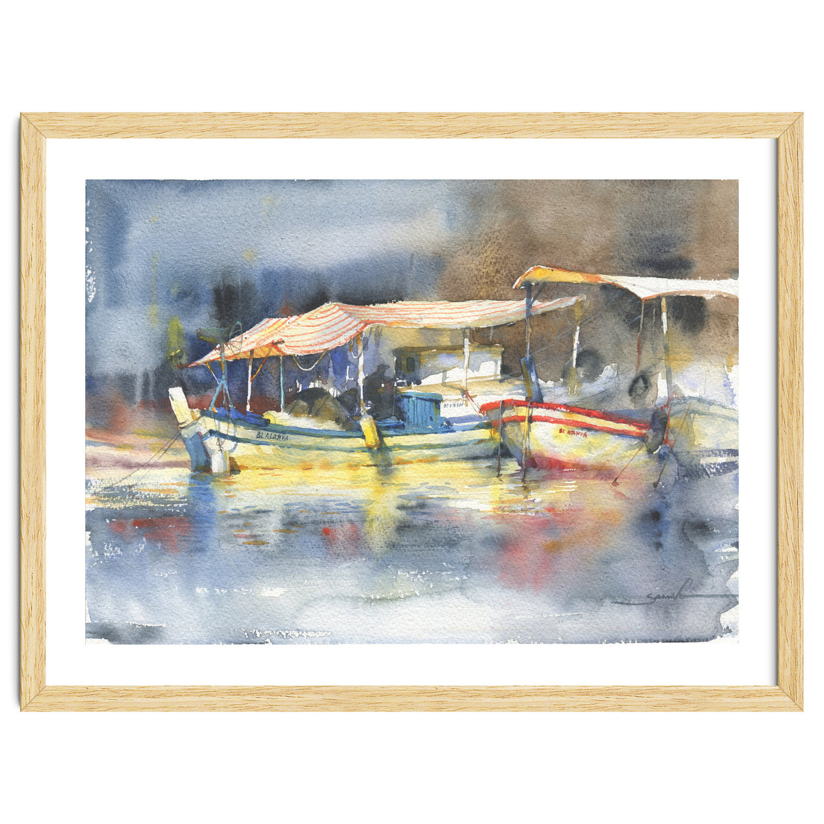 Yachts in the port. Watercolor art