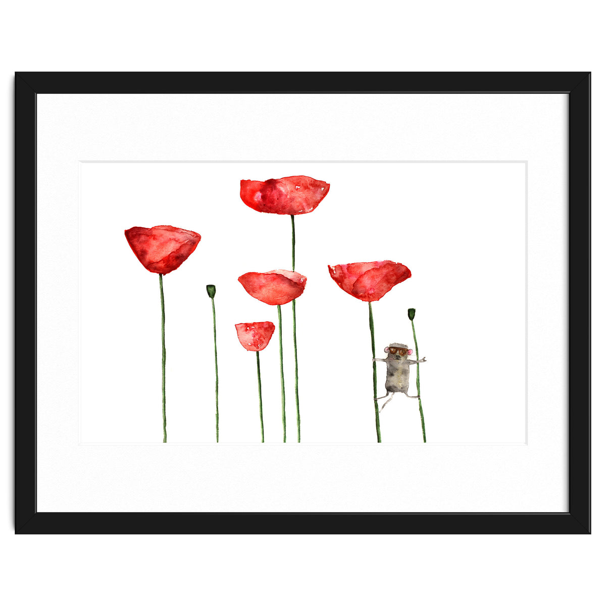 Little mouse loves big poppies || watercolor for nursery