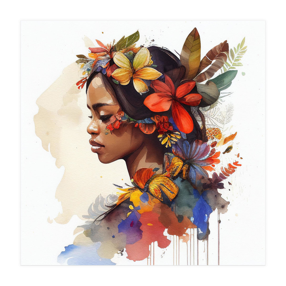 Watercolor Floral Indonesian Native Woman #4 (Print Only)